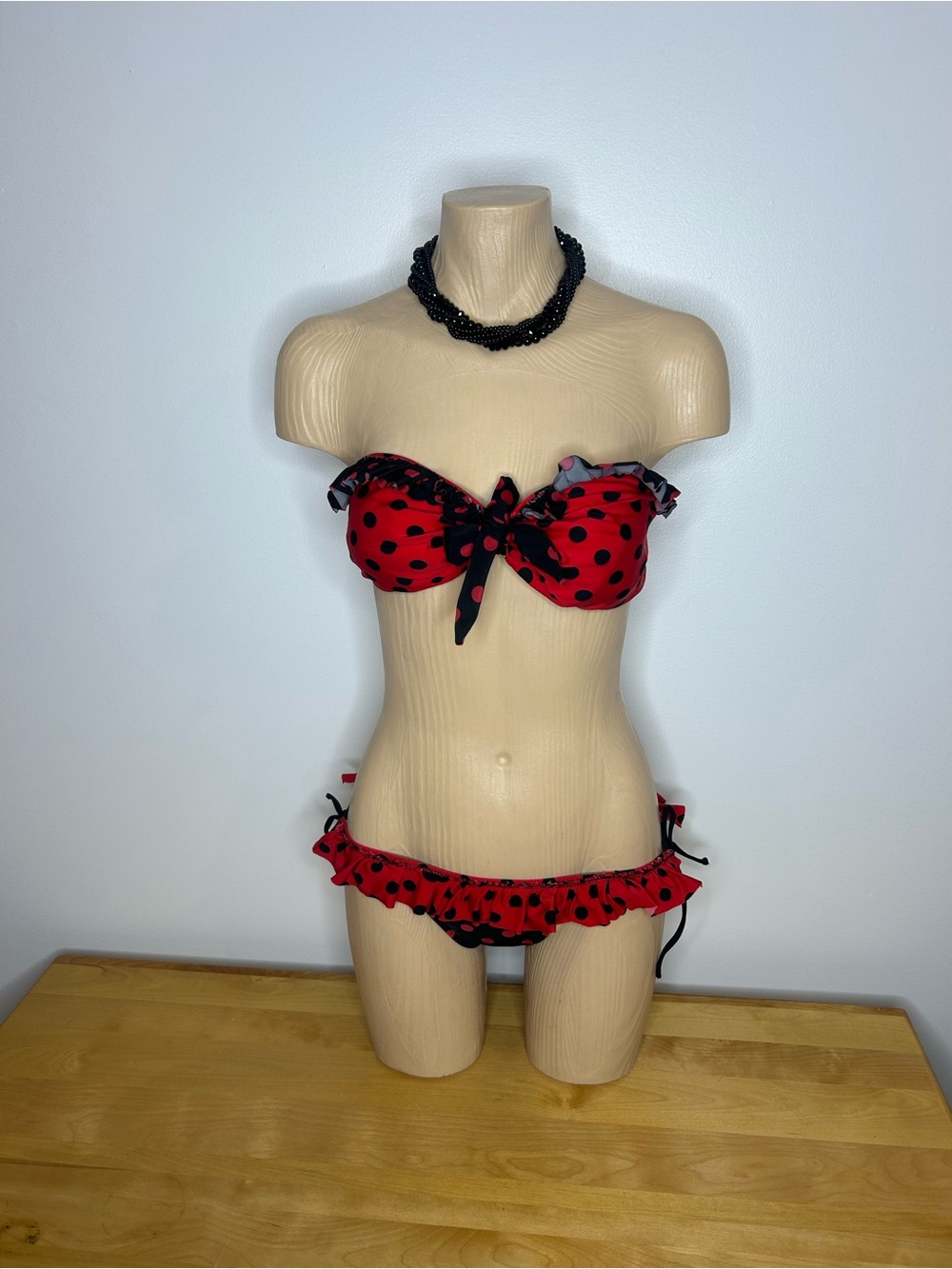 Beautiful Red Polka Dot Bandeau Ruffle Tie-Front Bikini ❤️S